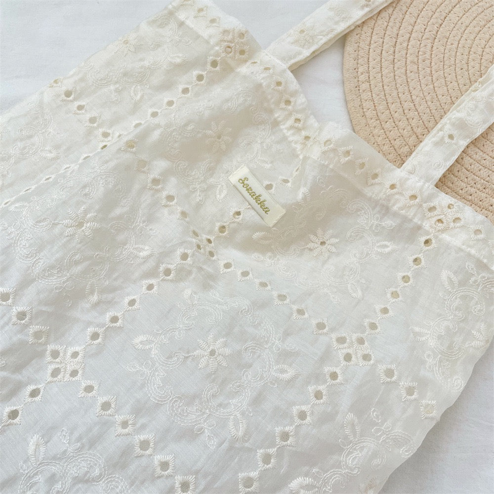 Floral Lace Shoulder Tote Bag – Lightweight Canvas
