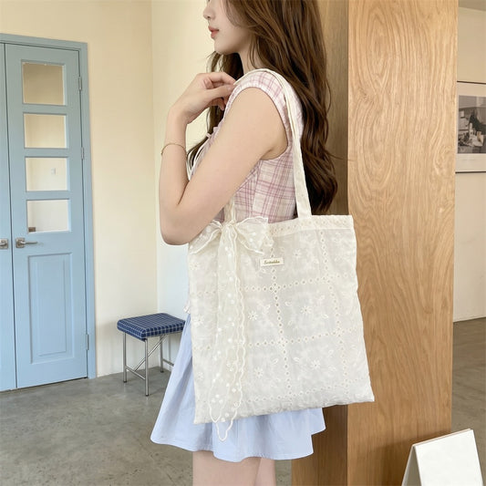 Floral Lace Shoulder Tote Bag – Lightweight Canvas