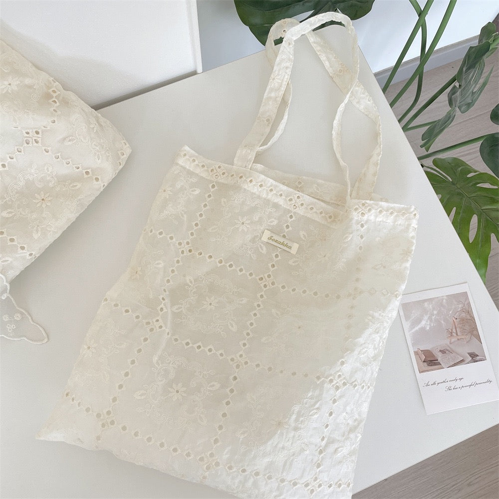 Floral Lace Shoulder Tote Bag – Lightweight Canvas
