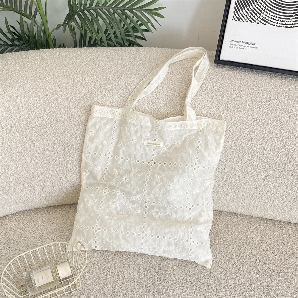 Floral Lace Shoulder Tote Bag – Lightweight Canvas