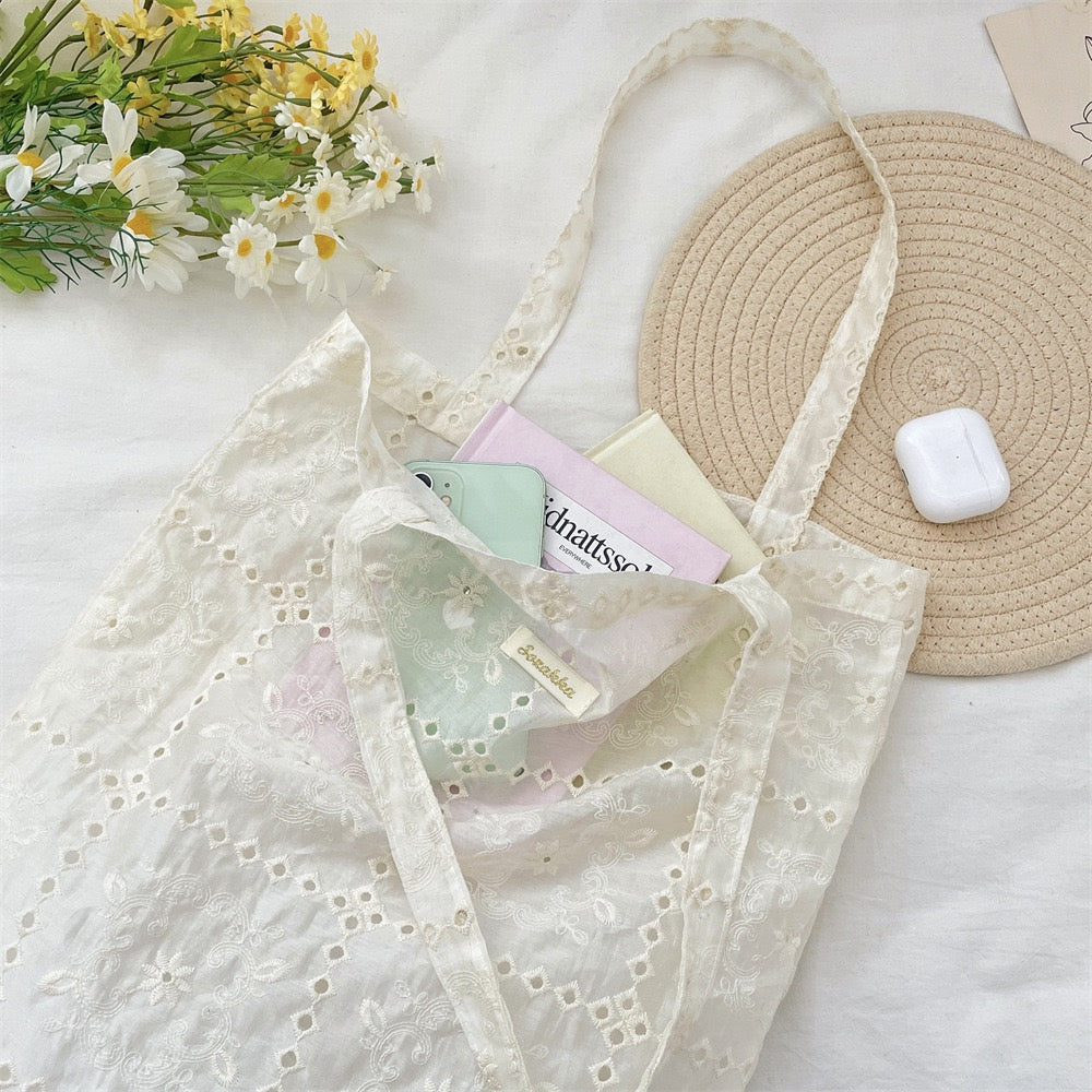 Floral Lace Shoulder Tote Bag – Lightweight Canvas